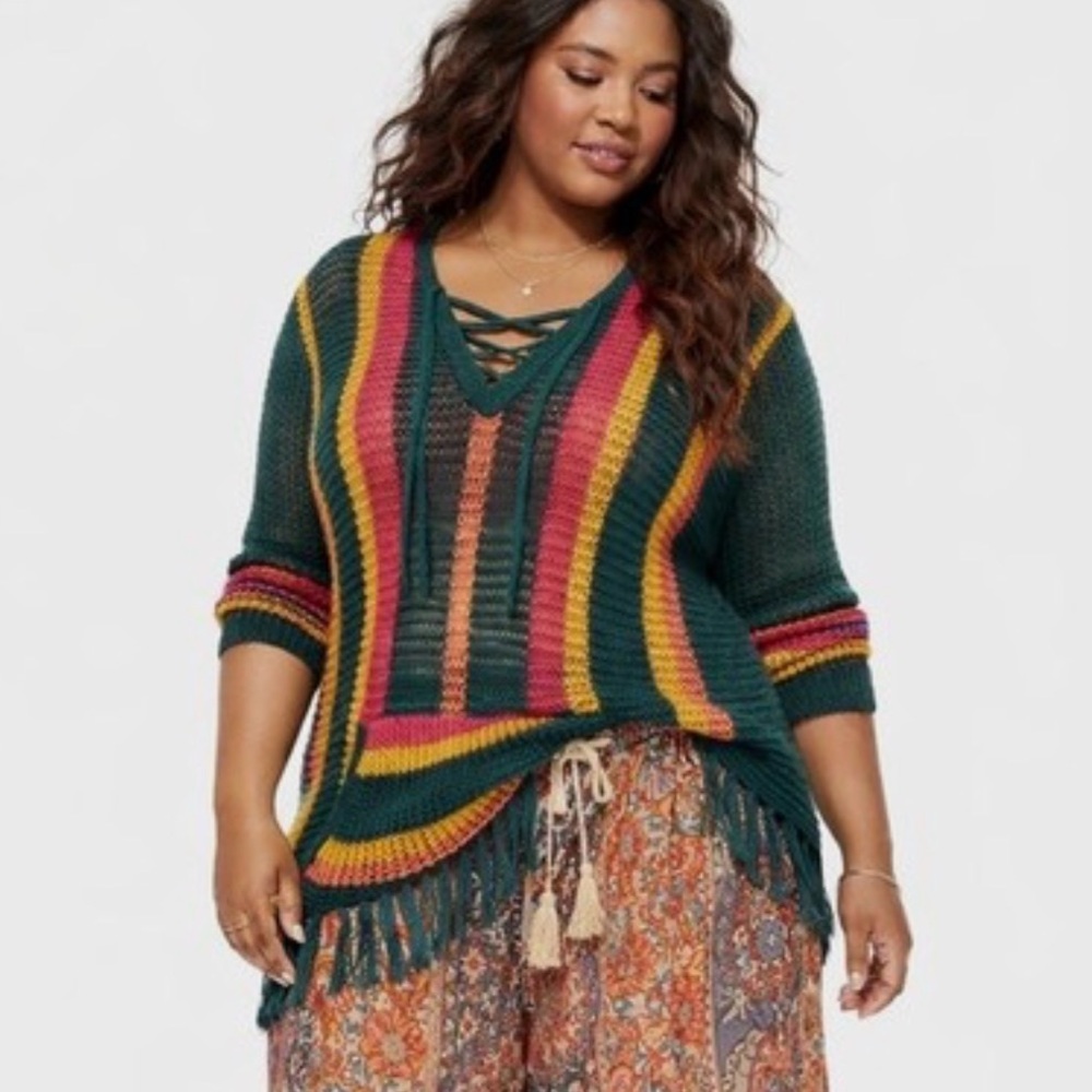 Torrid Women’s Sweater Pullover Striped Fringe Hem Longline Lace Up Green Size 3